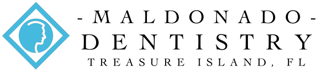 A logo for "Maldonado Dentistry" in Treasure Island, FL features a blue diamond shape with a white silhouette of a person's profile inside it. The text is in black, with "MALDONADO" on top, "DENTISTRY" below, and "TREASURE ISLAND, FL" at the bottom.